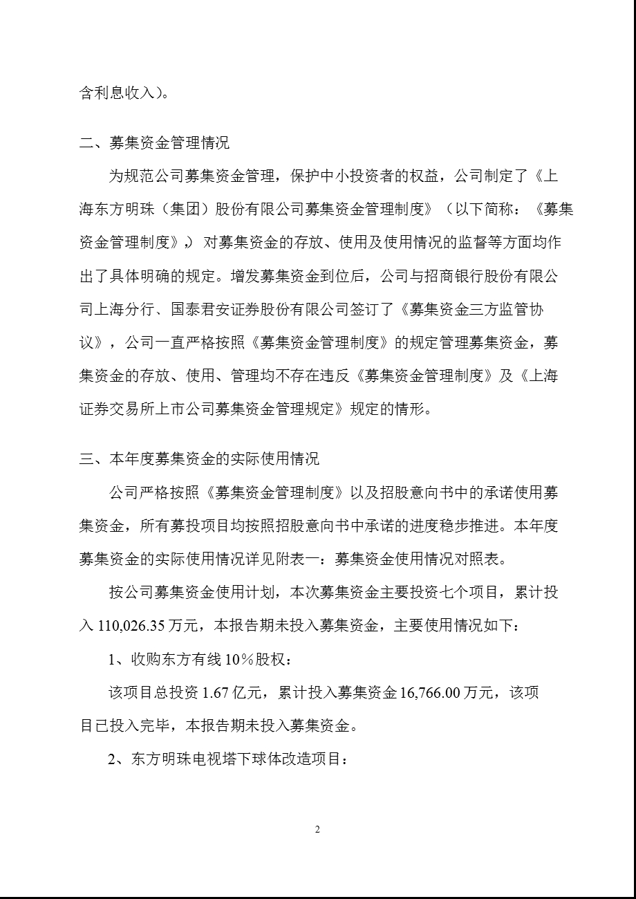 600832_ 东方明珠关于公司募集资金存放与实际使用情况的专项报告.ppt_第2页