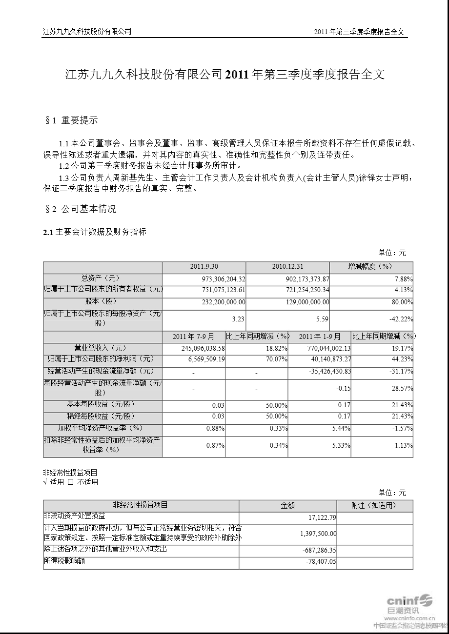 九九久：2011年第三季度报告全文.ppt_第1页