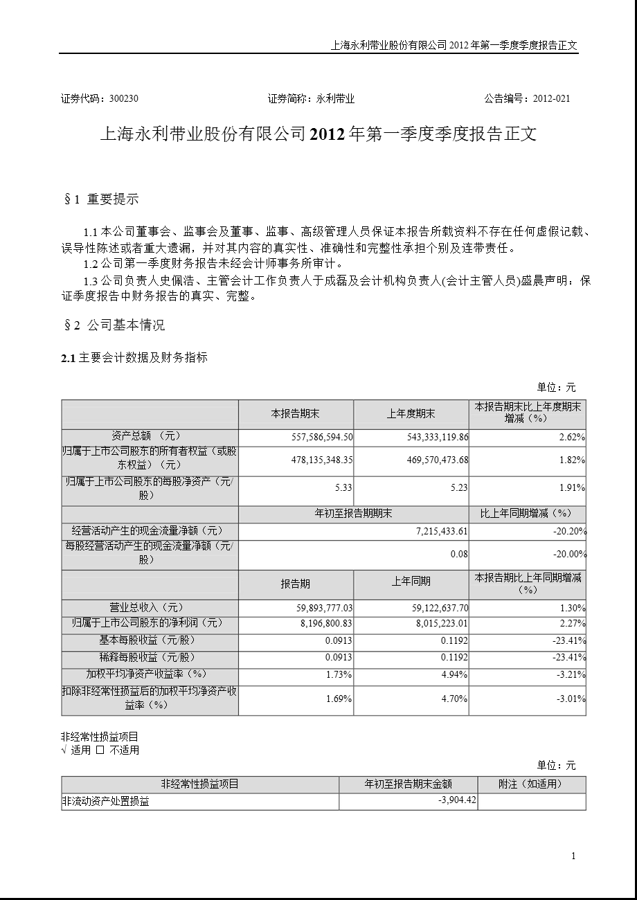 永利带业：2012年第一季度报告正文.ppt_第1页