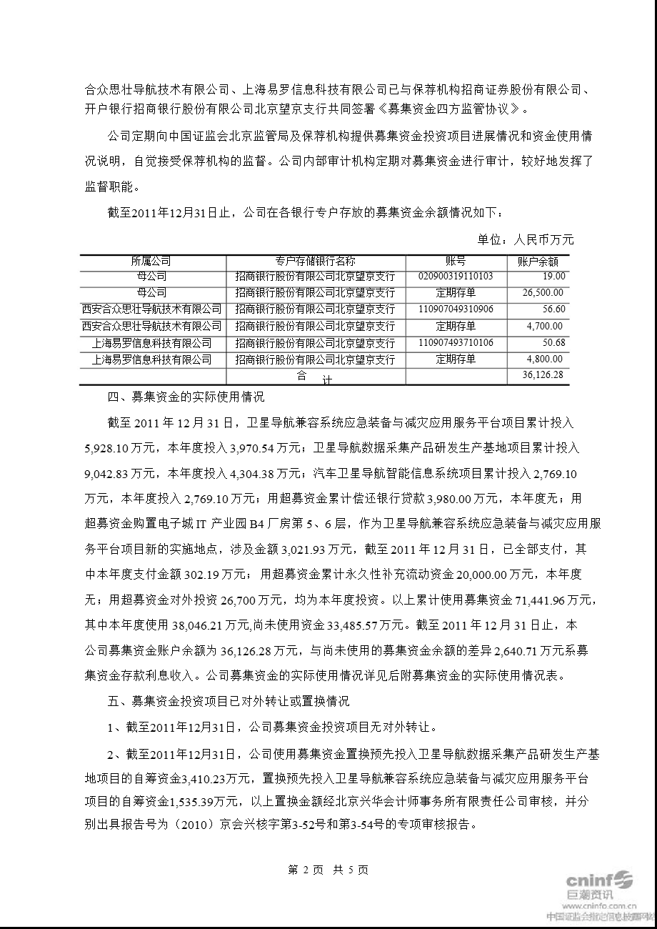 合众思壮：2011年度募集资金存放与使用情况的专项报告.ppt_第2页