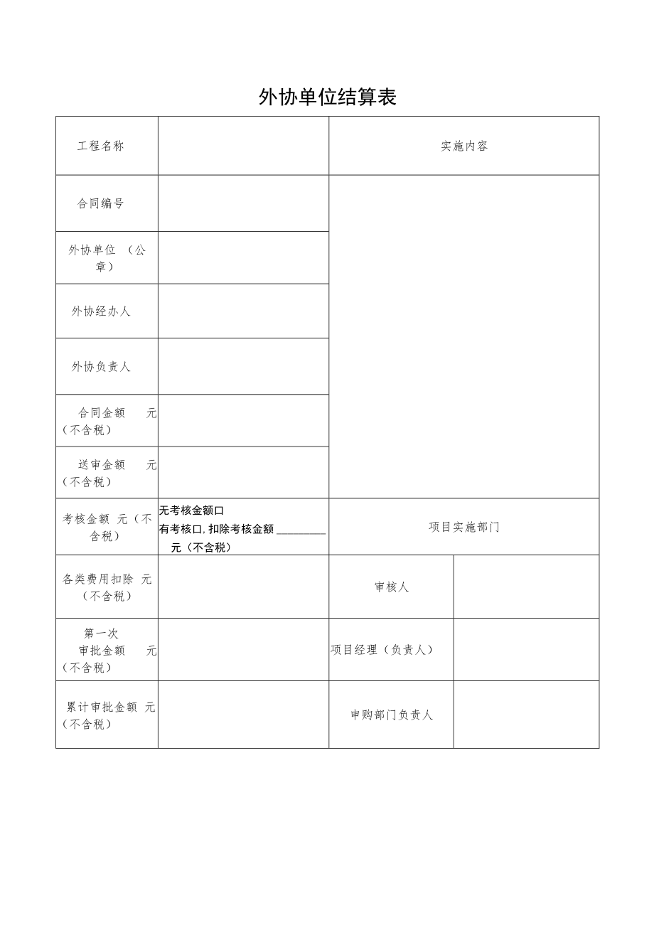 2022《外协单位结算表、竣工验收证书、合同履约情况确认单结算扣款清单表》模板.docx_第1页