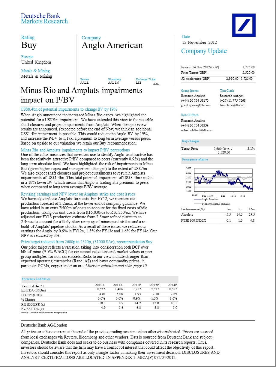 ANGLO_AMERICAN(AAL.L)：MINAS_RIO_AND_AMPLATS_IMPAIRMENTS_IMPACT_ON_P／BV-2012-11-15.ppt_第1页