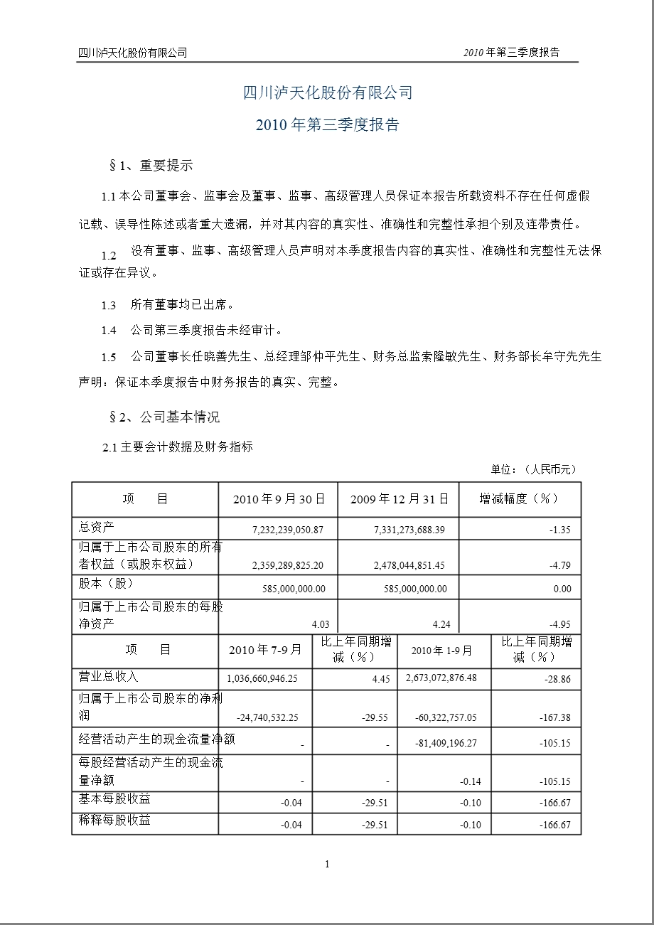 泸 天 化：2010年第三季度报告全文.ppt_第1页