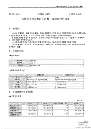 金陵药业：2011年年度报告摘要.ppt