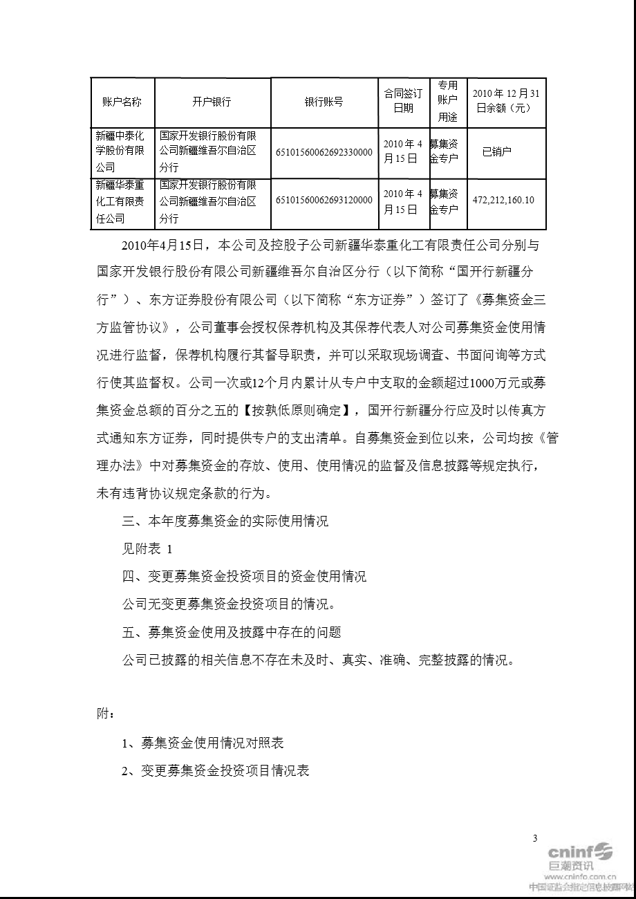 中泰化学：关于2010年度募集资金使用情况的报告.ppt_第3页