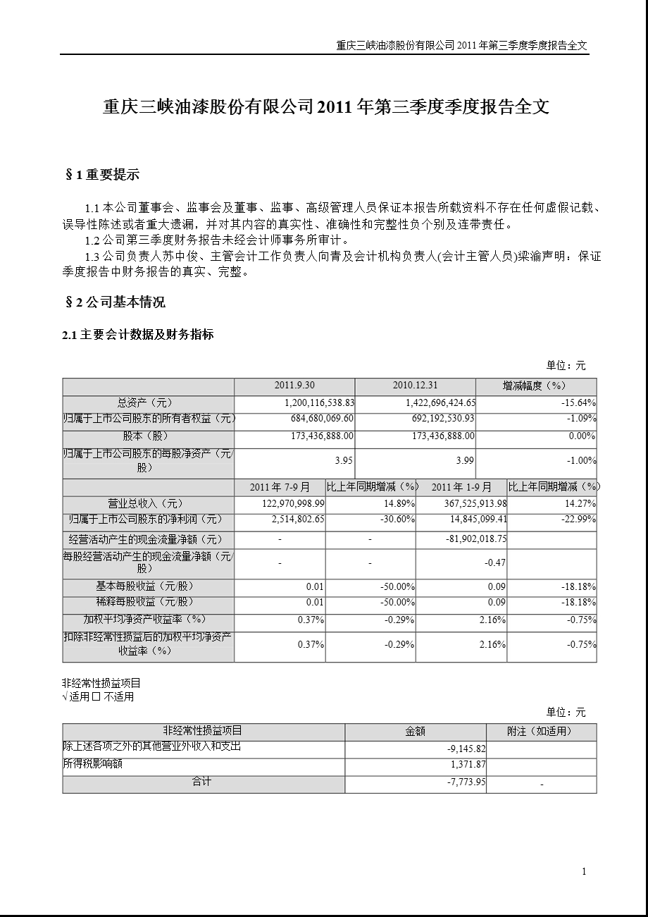 渝三峡Ａ：2011年第三季度报告全文.ppt_第1页