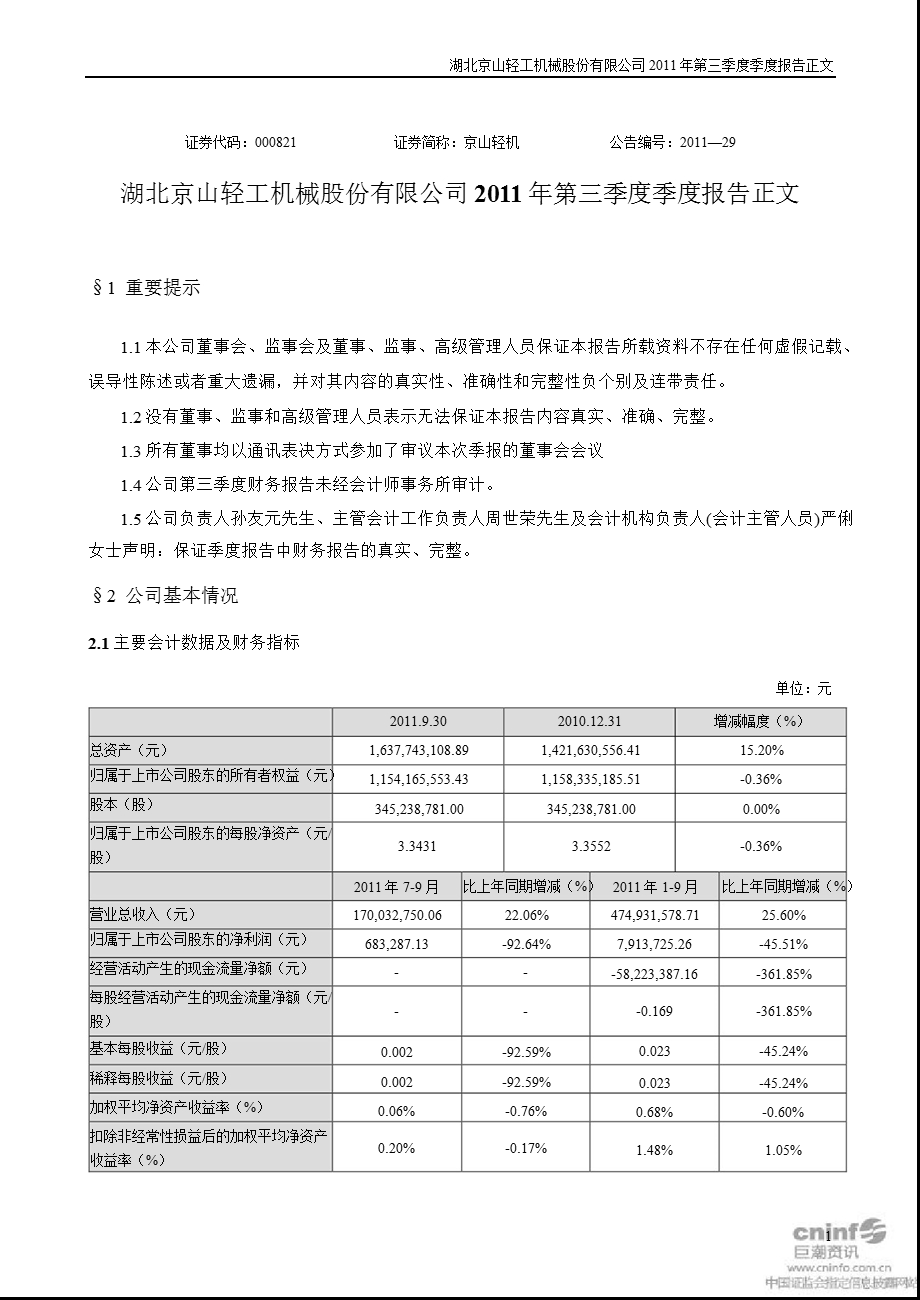 京山轻机：2011年第三季度报告正文.ppt_第1页