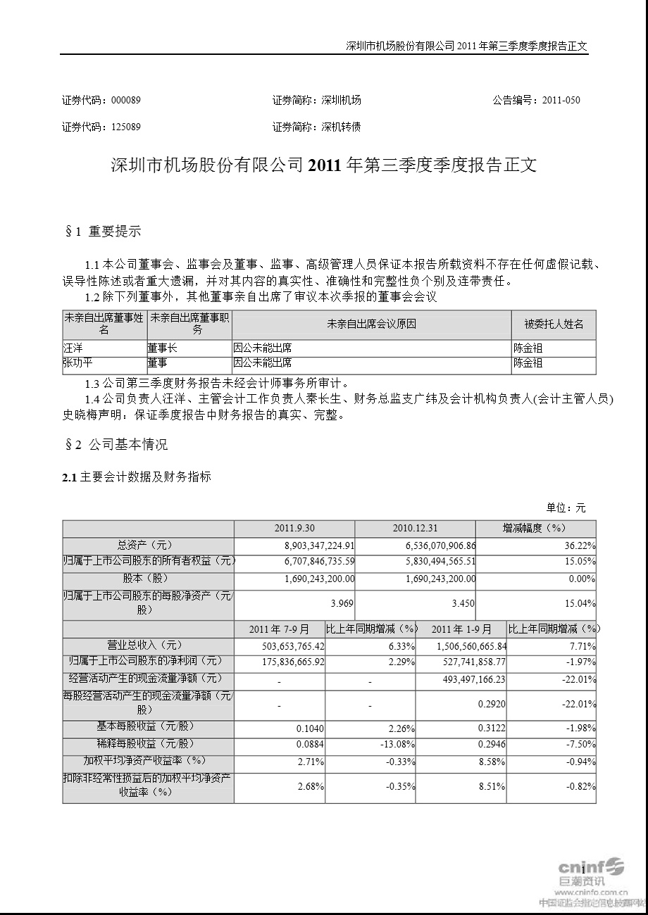 深圳机场：2011年第三季度报告正文.ppt_第1页