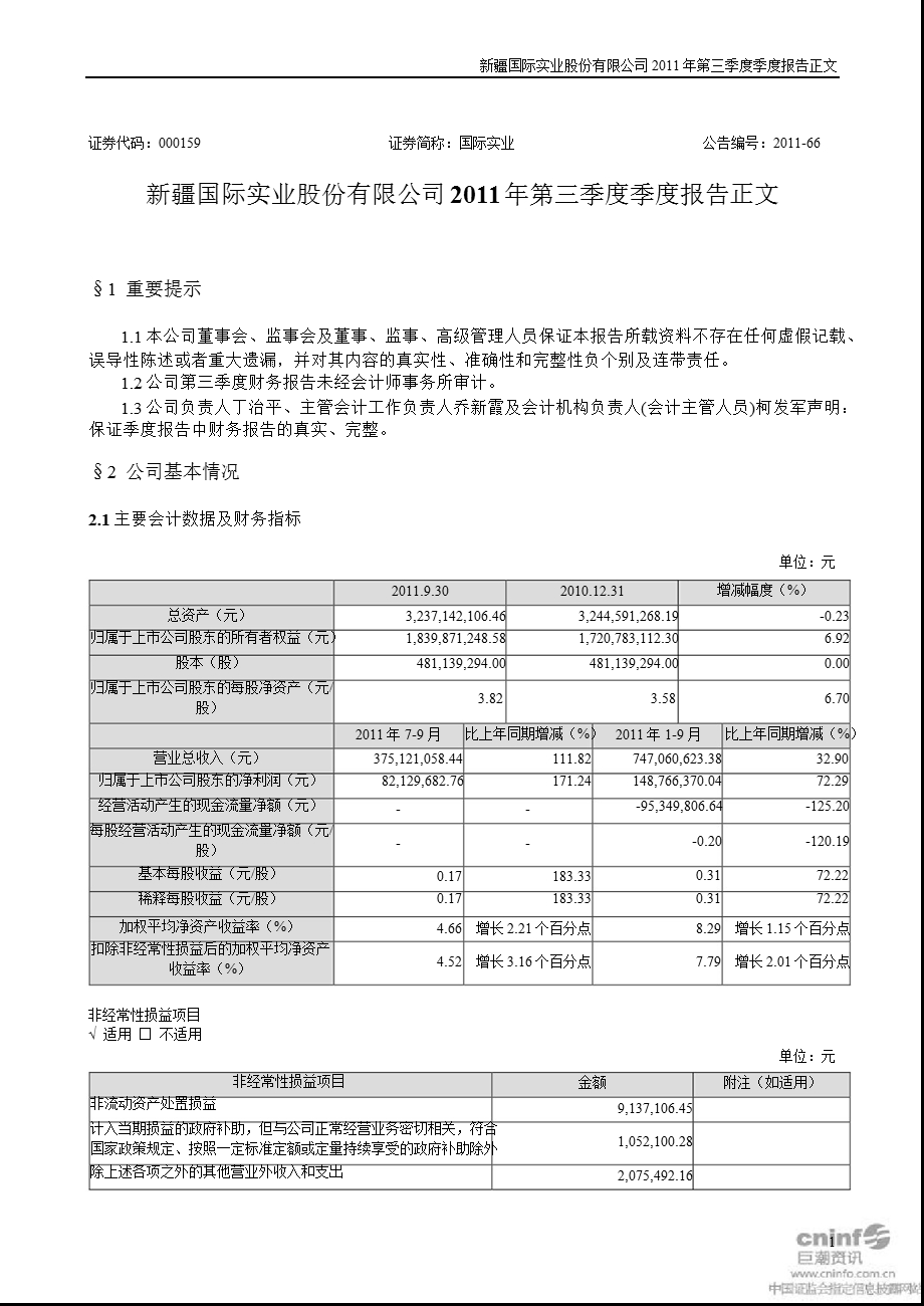 国际实业：2011年第三季度报告正文.ppt_第1页