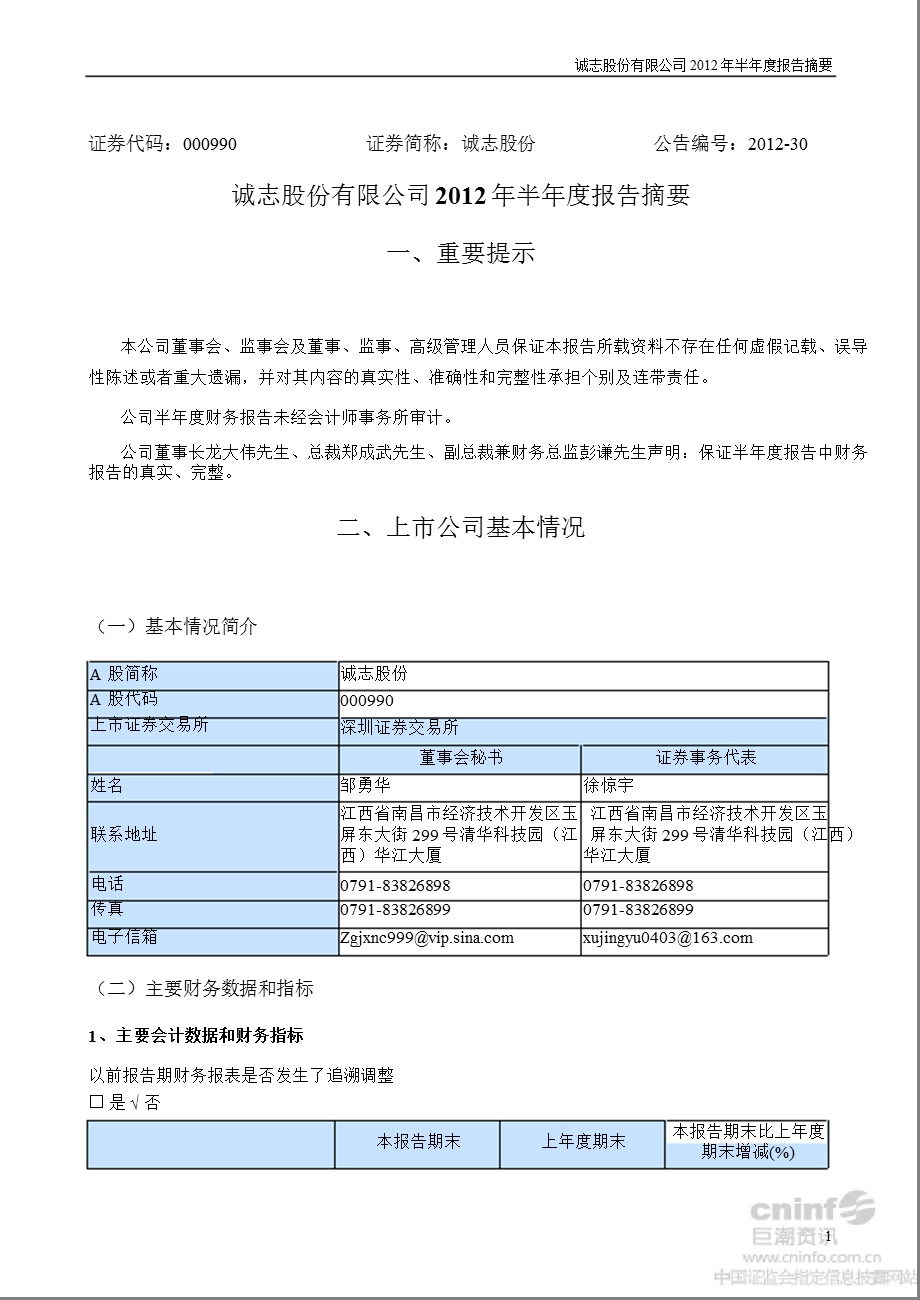 诚志股份：2012年半年度报告摘要.ppt_第1页