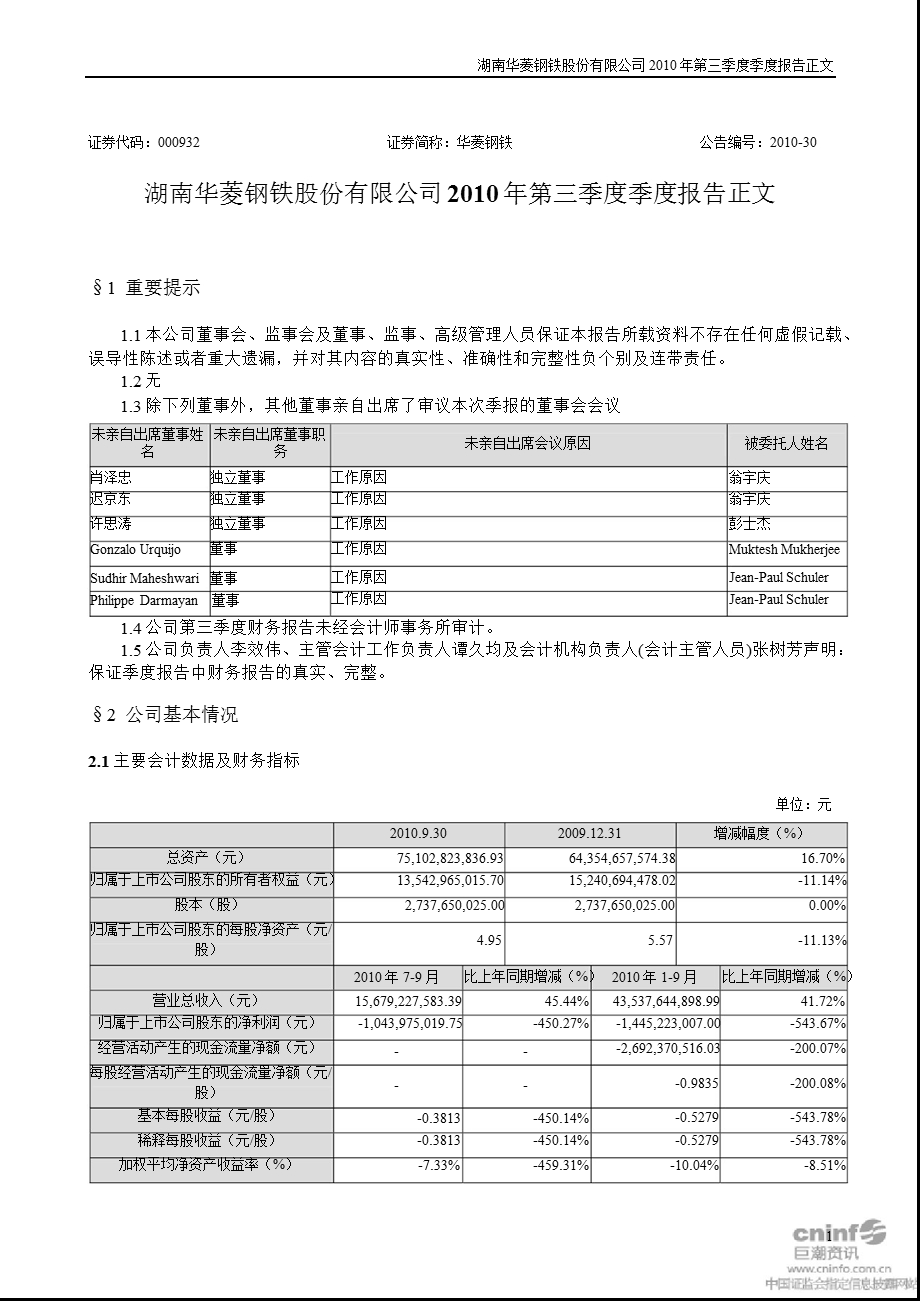 华菱钢铁：2010年第三季度报告正文.ppt_第1页