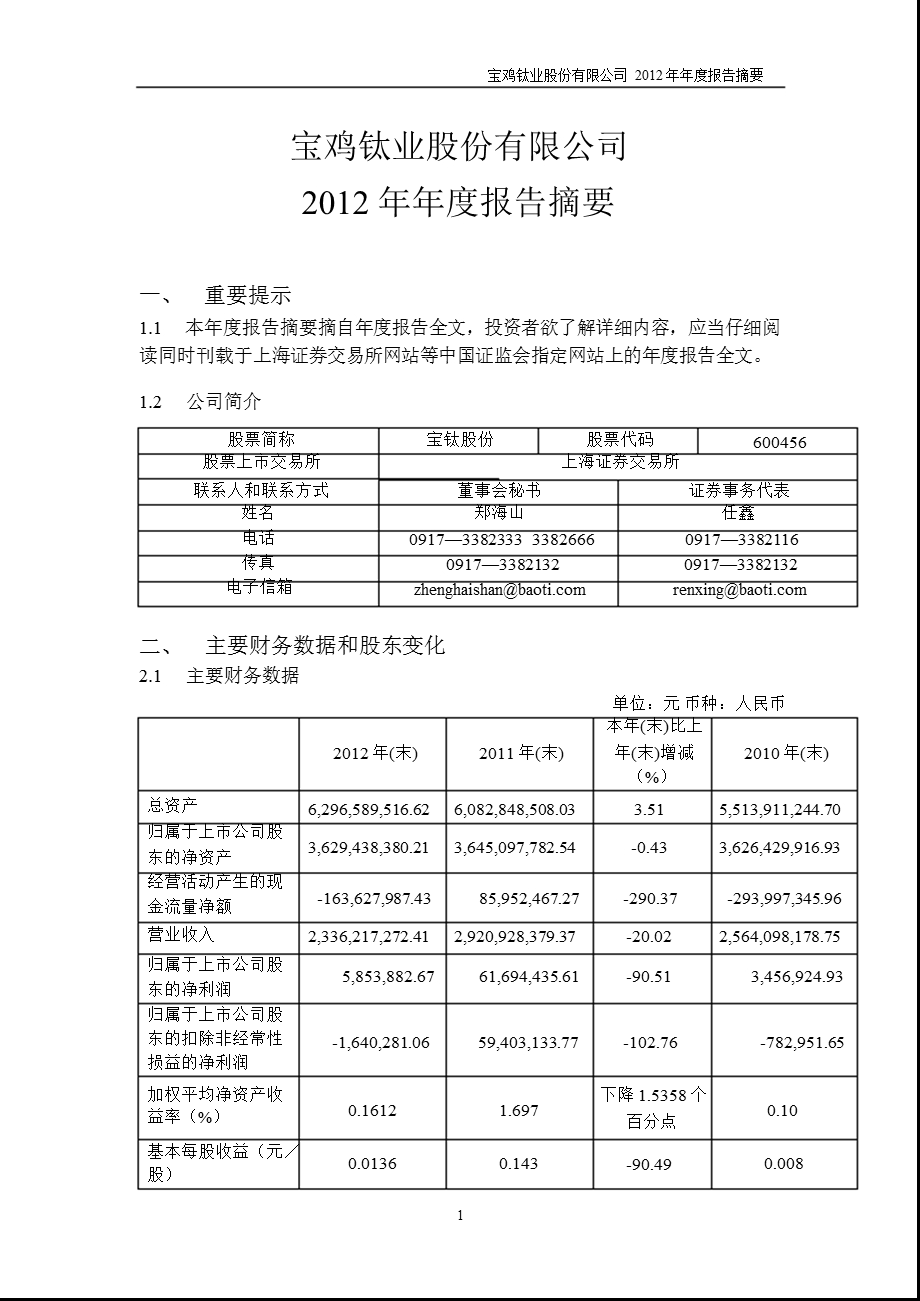 600456 _ 宝钛股份年报摘要.ppt_第1页