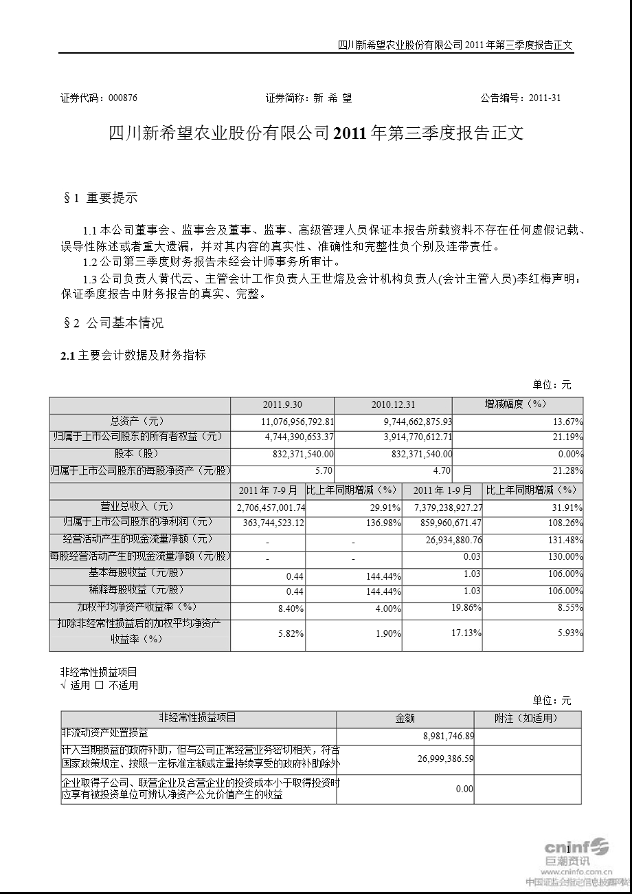 新 希 望：2011年第三季度报告正文.ppt_第1页