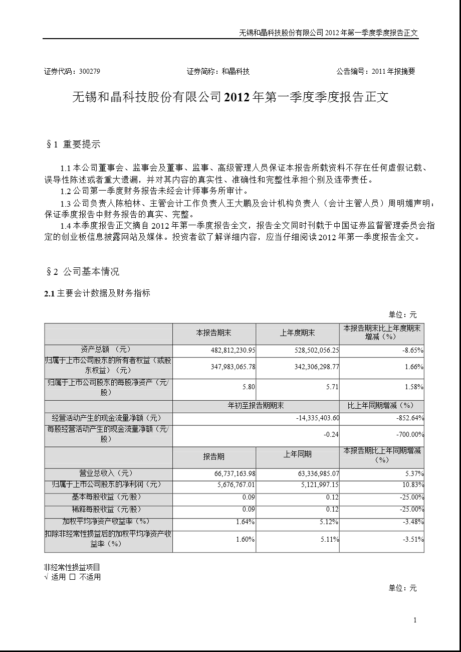 和晶科技：2012年第一季度报告正文.ppt_第1页