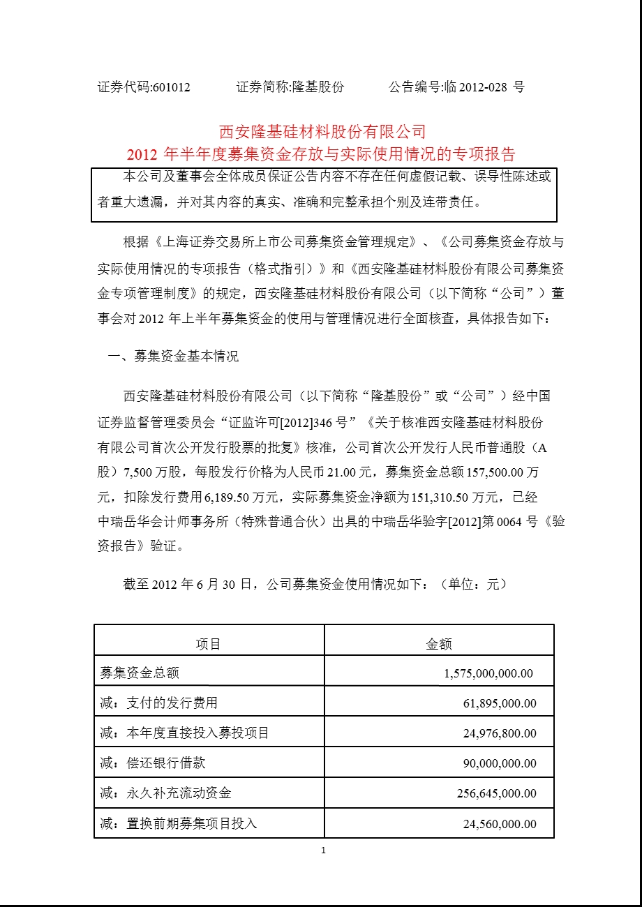 601012_ 隆基股份2012年半年度募集资金存放与实际使用情况的专项报告.ppt_第1页