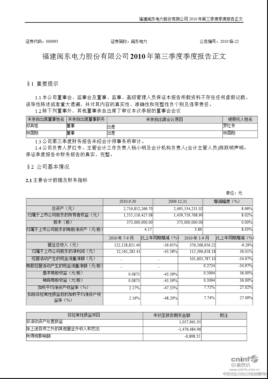 闽东电力：2010年第三季度报告正文.ppt_第1页