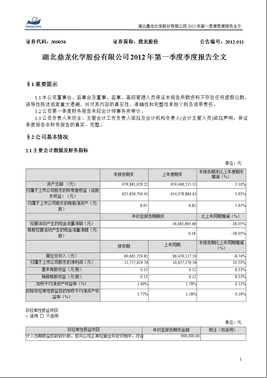 鼎龙股份：2012年第一季度报告全文.ppt_第1页