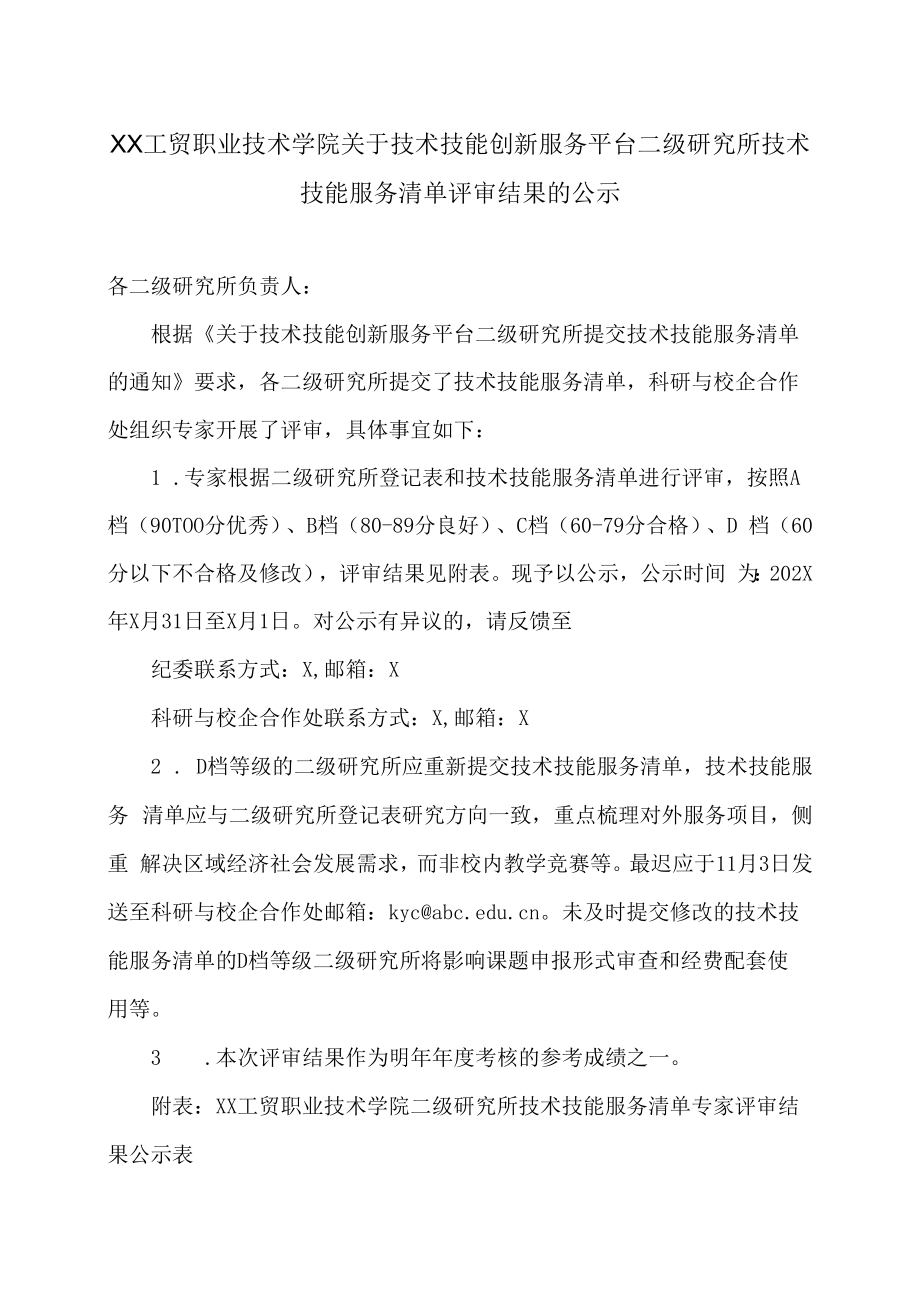 XX工贸职业技术学院关于技术技能创新服务平台二级研究所技术技能服务清单评审结果的公示.docx_第1页