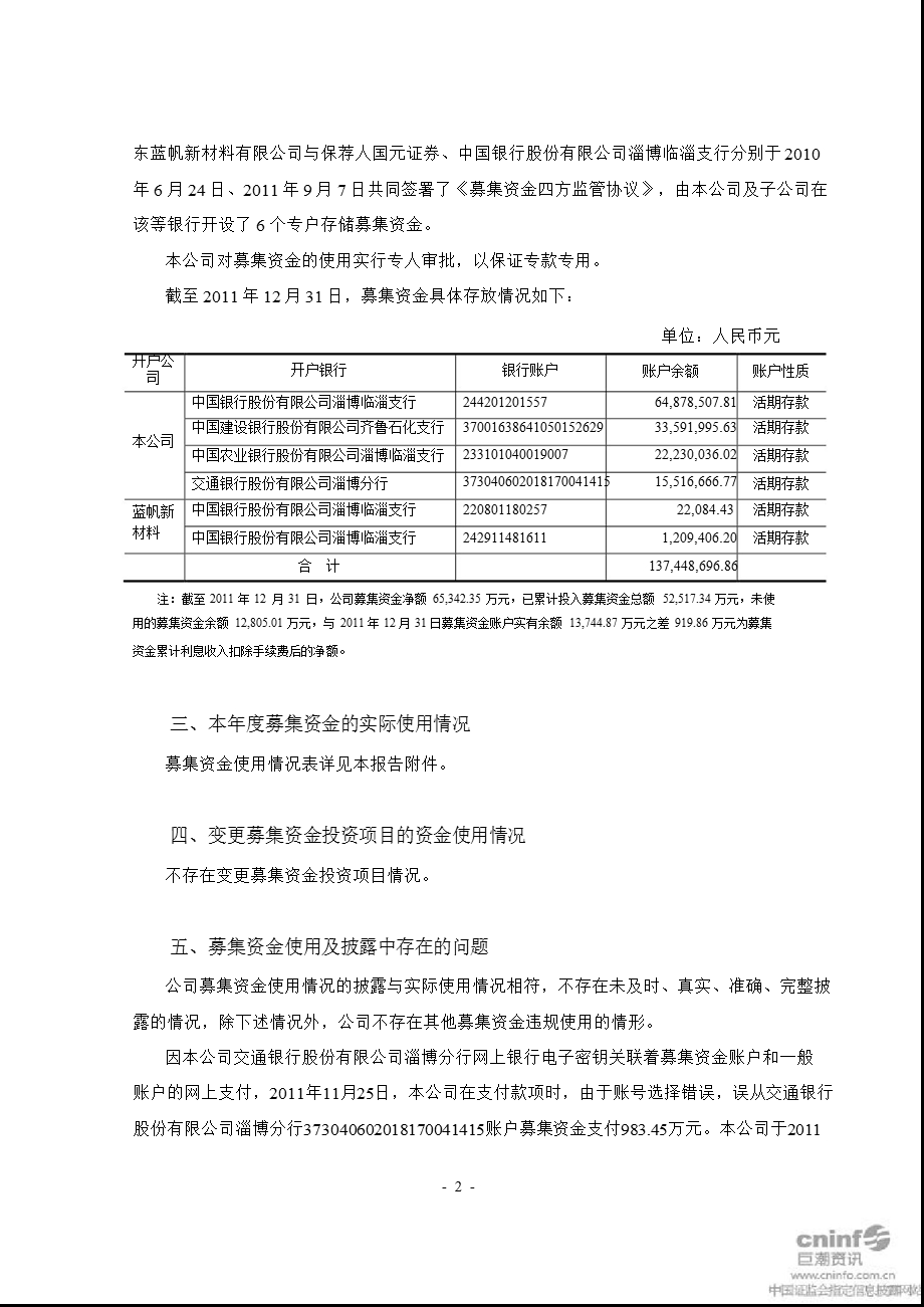 蓝帆股份：关于2011年度募集资金实际存放与使用情况的专项报告.ppt_第2页