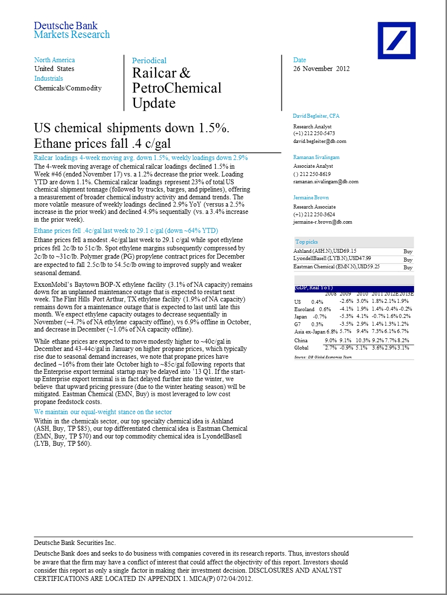 RAILCAR_&PETROCHEMICAL_UPDATE：US_CHEMICAL_SHIPMENTS_DOWN_1.5%._ETHANE_PRICES_FALL.4_CGAL-2012-11-28.ppt_第1页