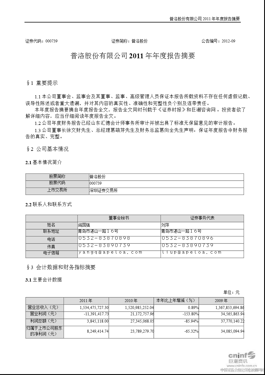 普洛股份：2011年年度报告摘要.ppt_第1页