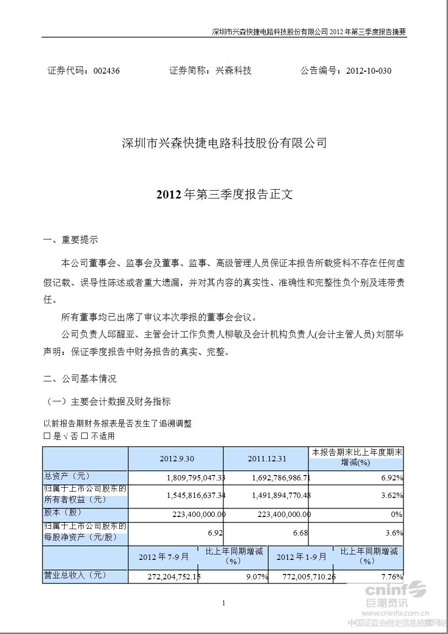 兴森科技：2012年第三季度报告正文.ppt_第1页