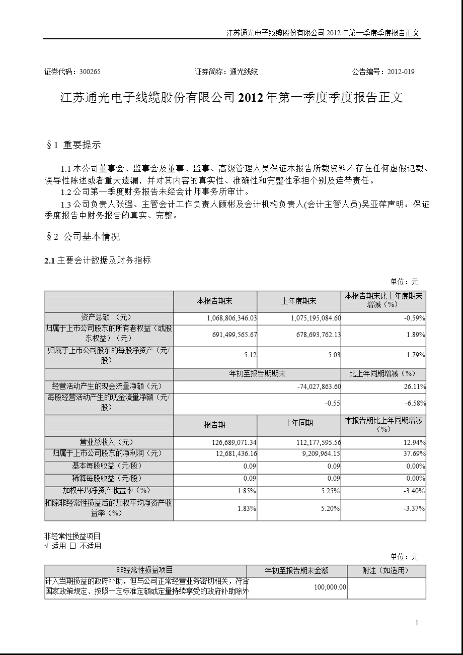 通光线缆：2012年第一季度报告正文.ppt_第1页