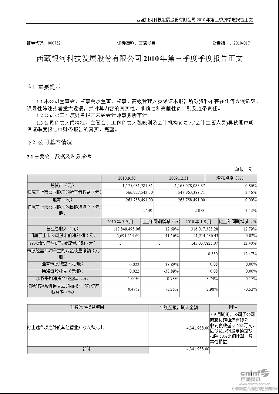 西藏发展：2010年第三季度报告正文.ppt_第1页