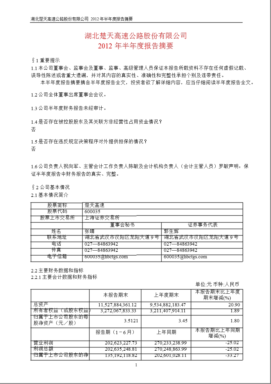 600035_ 楚天高速半年报摘要.ppt_第1页