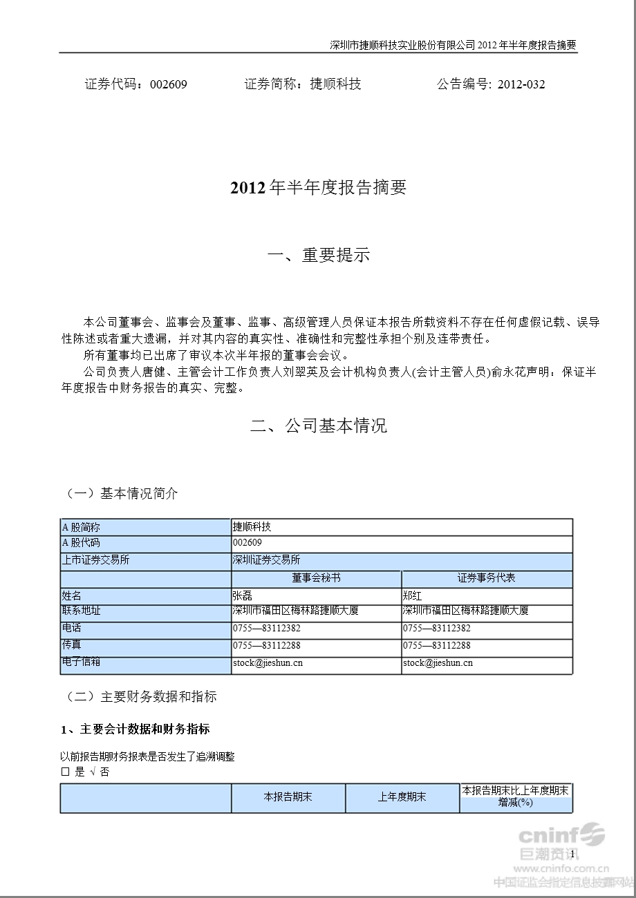 捷顺科技：2012年半年度报告摘要.ppt_第1页