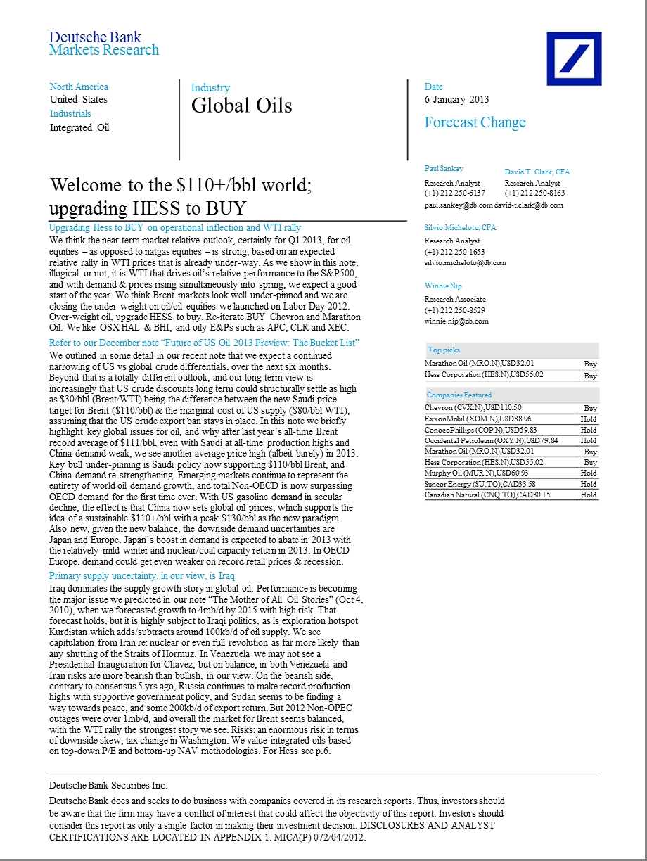 GLOBAL_OILS：WELCOME_TO_THE_$110+／BBL_WORLD;_UPGRADING_HESS_TO_BUY-2013-01-07.ppt_第1页