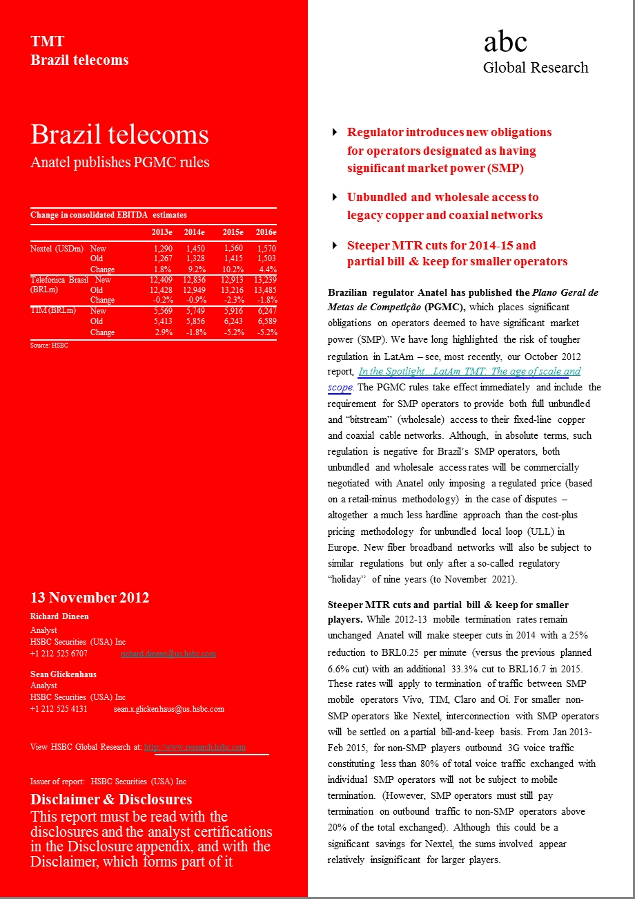 BRAZIL_TELECOMS：ANATEL_PUBLISHES_PGMC_RULES-2012-11-15.ppt_第1页