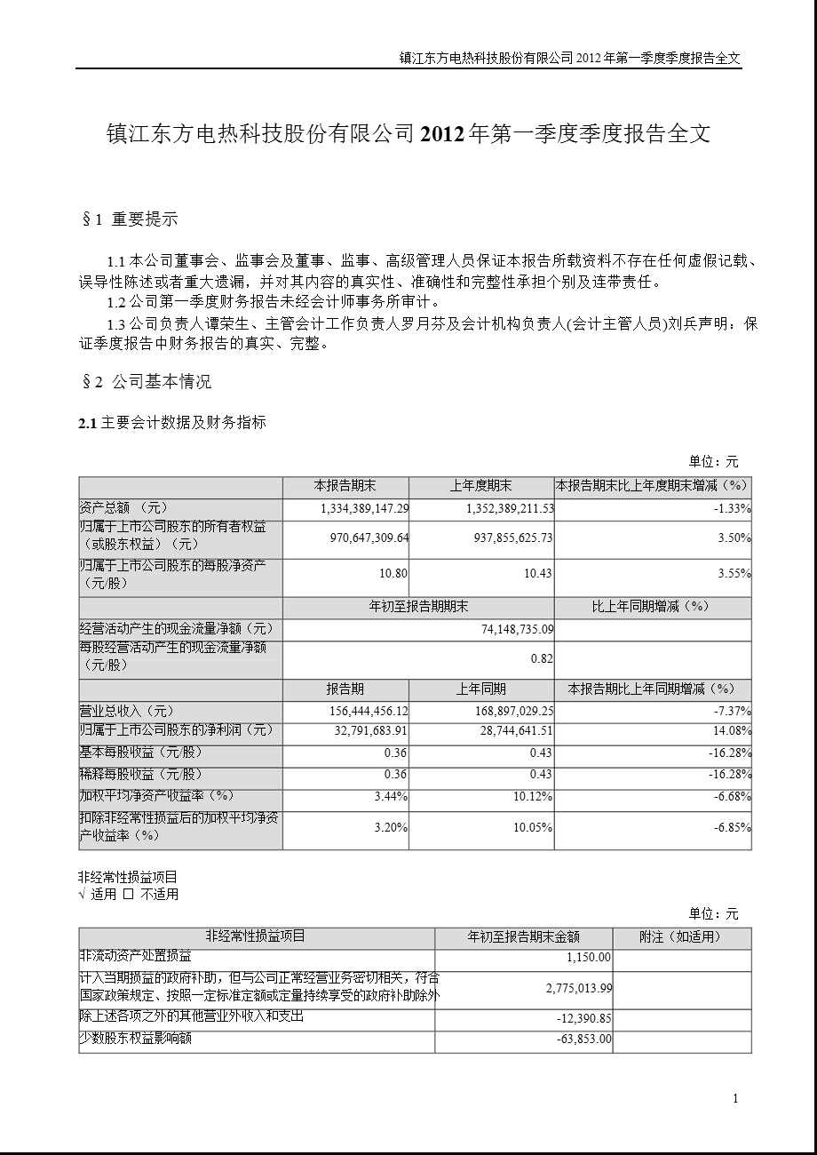 东方电热：2012年第一季度报告全文.ppt_第1页