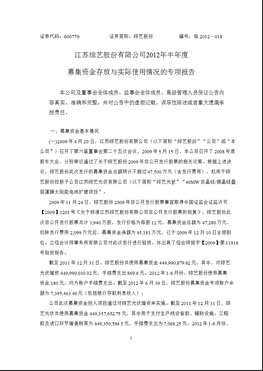 600770_ 综艺股份2012年半年度募集资金存放与实际使用情况的专项报告.ppt_第1页