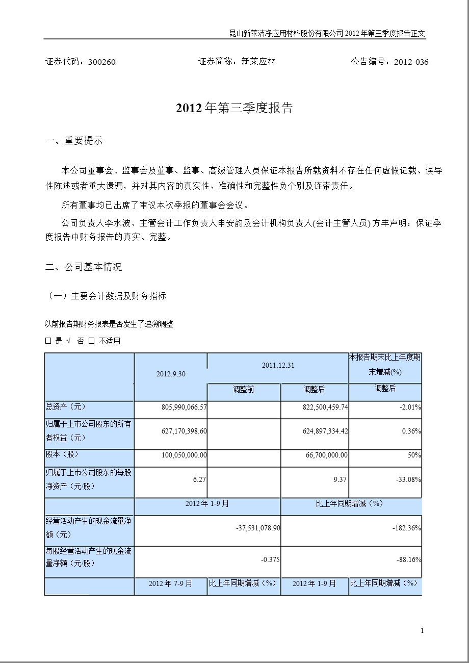 新莱应材：2012年第三季度报告正文.ppt_第1页