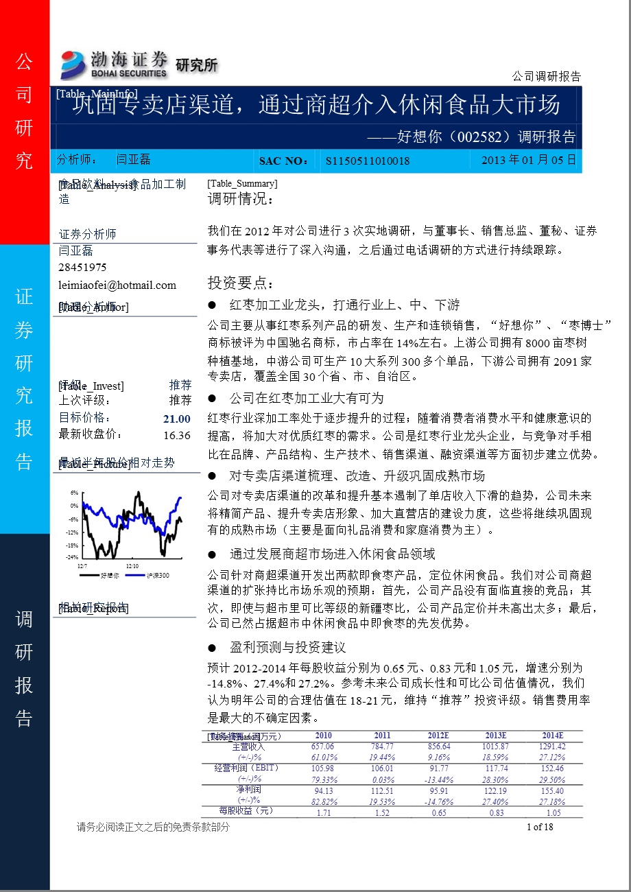 好想你(002582)调研报告：巩固专卖店渠道_通过商超介入休闲食品大市场-2013-01-09.ppt_第1页