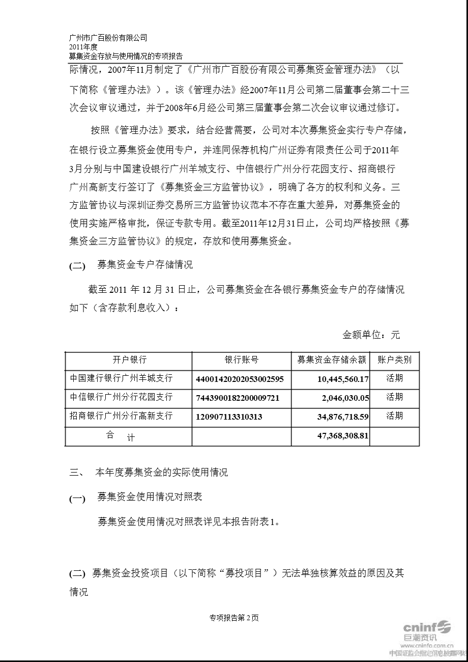 广百股份：2011年度募集资金存放与实际使用情况的专项报告.ppt_第2页