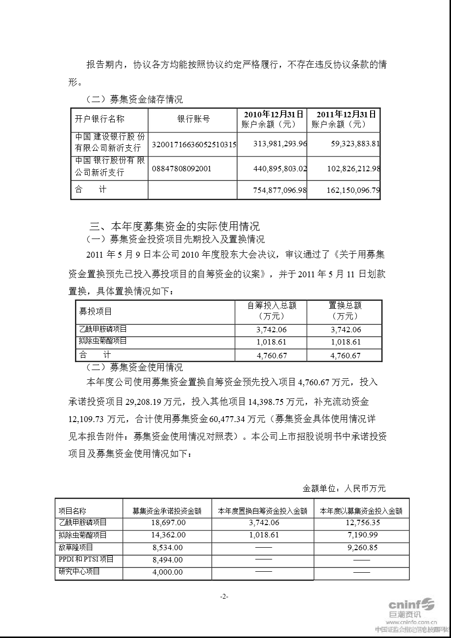 蓝丰生化：关于2011年度募集资金存放与使用情况的报告.ppt_第2页