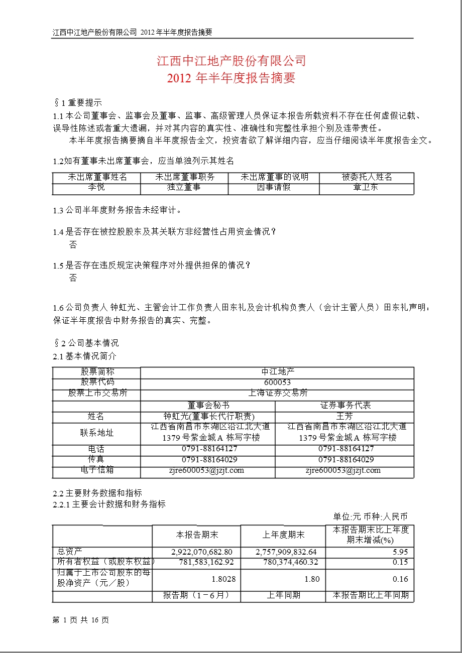 600053_ 中江地产半年报摘要.ppt_第1页