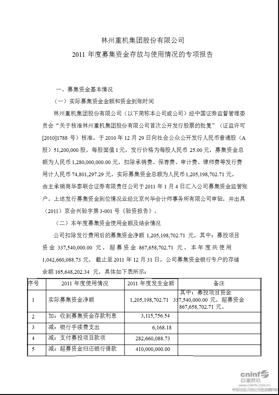 林州重机：2011年度募集资金存放与使用情况的专项报告.ppt_第1页