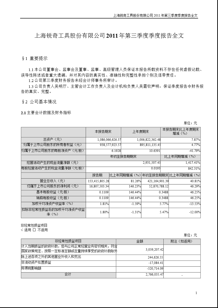 锐奇股份：2011年第三季度报告全文.ppt_第1页