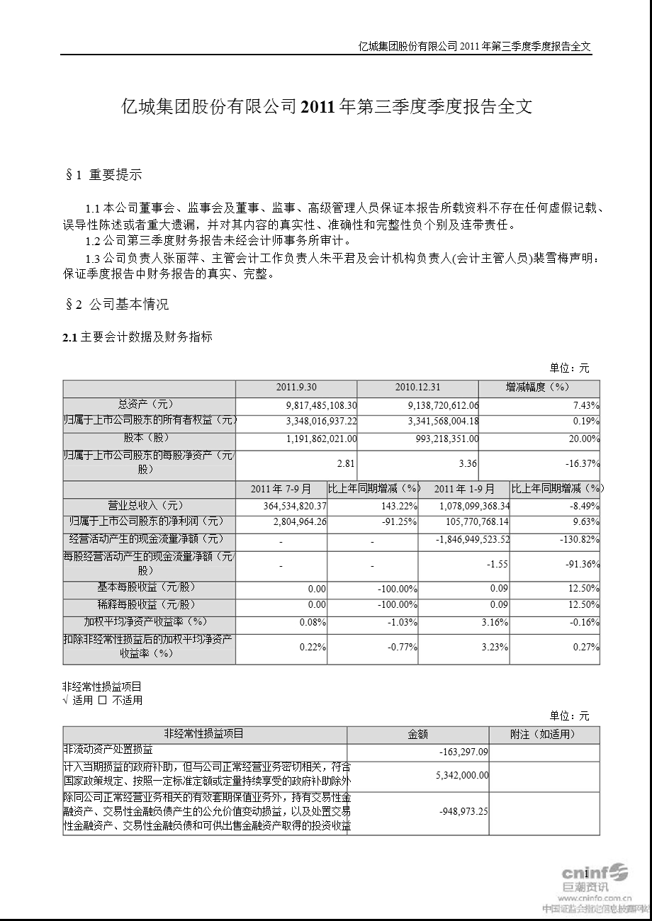 亿城股份：2011年第三季度报告全文.ppt_第1页