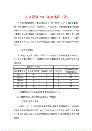 600458_时代新材独立董事2011年度述职报告.ppt