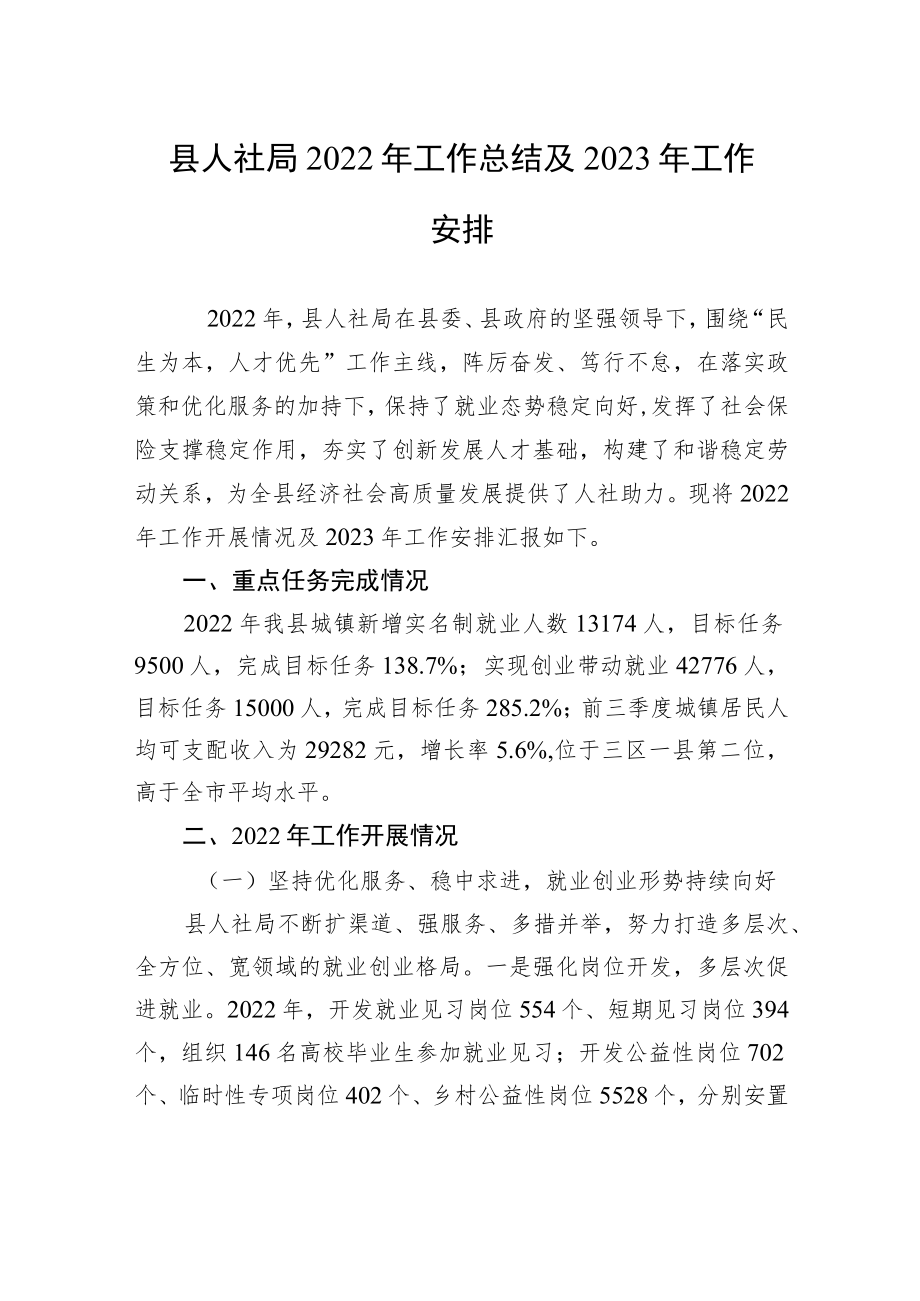 县人社局工作总结及2023年工作安排.docx_第1页