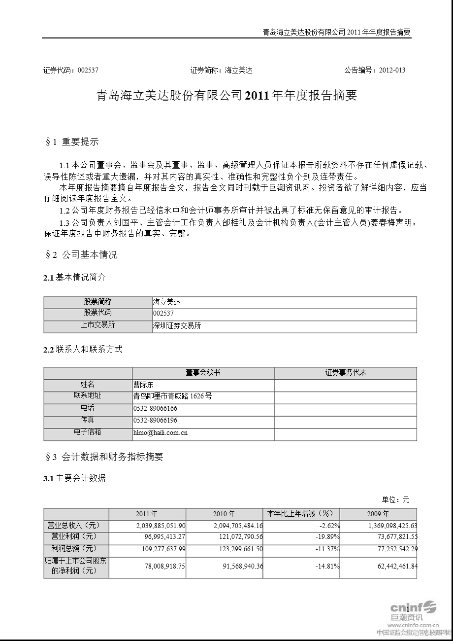 海立美达：2011年年度报告摘要.ppt_第1页