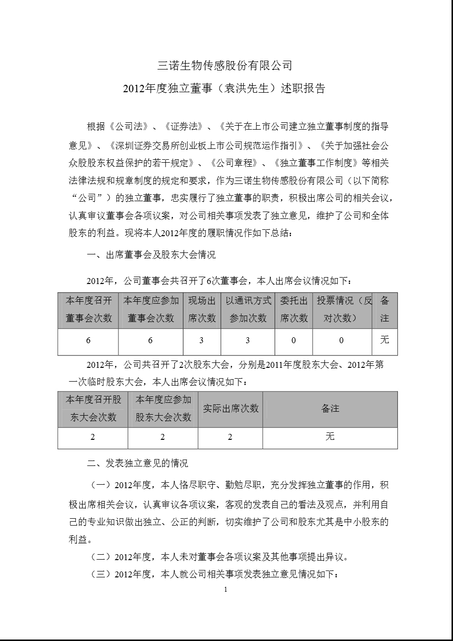 三诺生物：2012年度独立董事（袁洪先生）述职报告.ppt_第1页