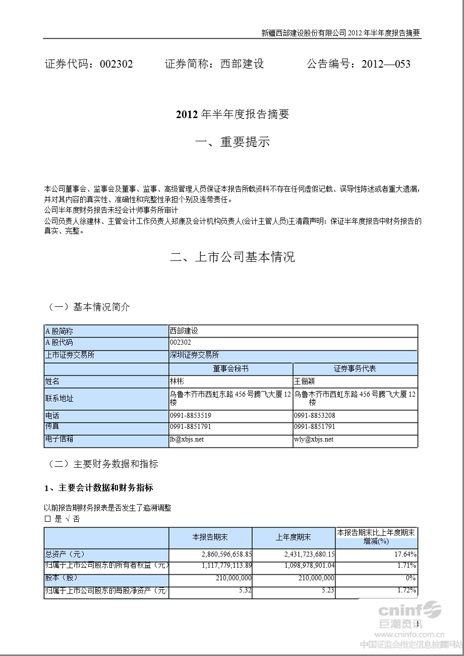 西部建设：2012年半年度报告摘要.ppt_第1页