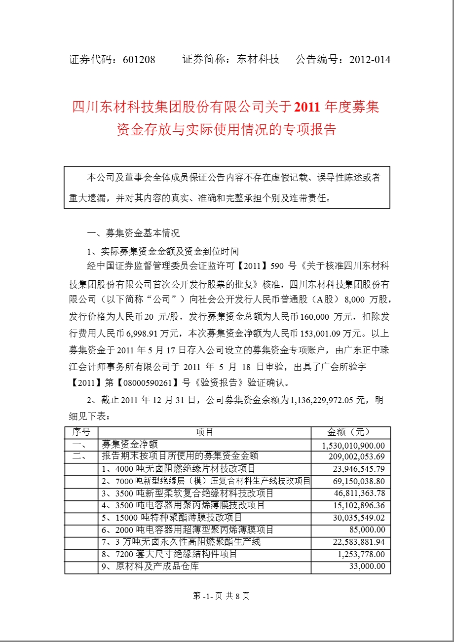 601208_ 东材科技关于2011年度募集资金存放与实际使用情况的专项报告.ppt_第1页