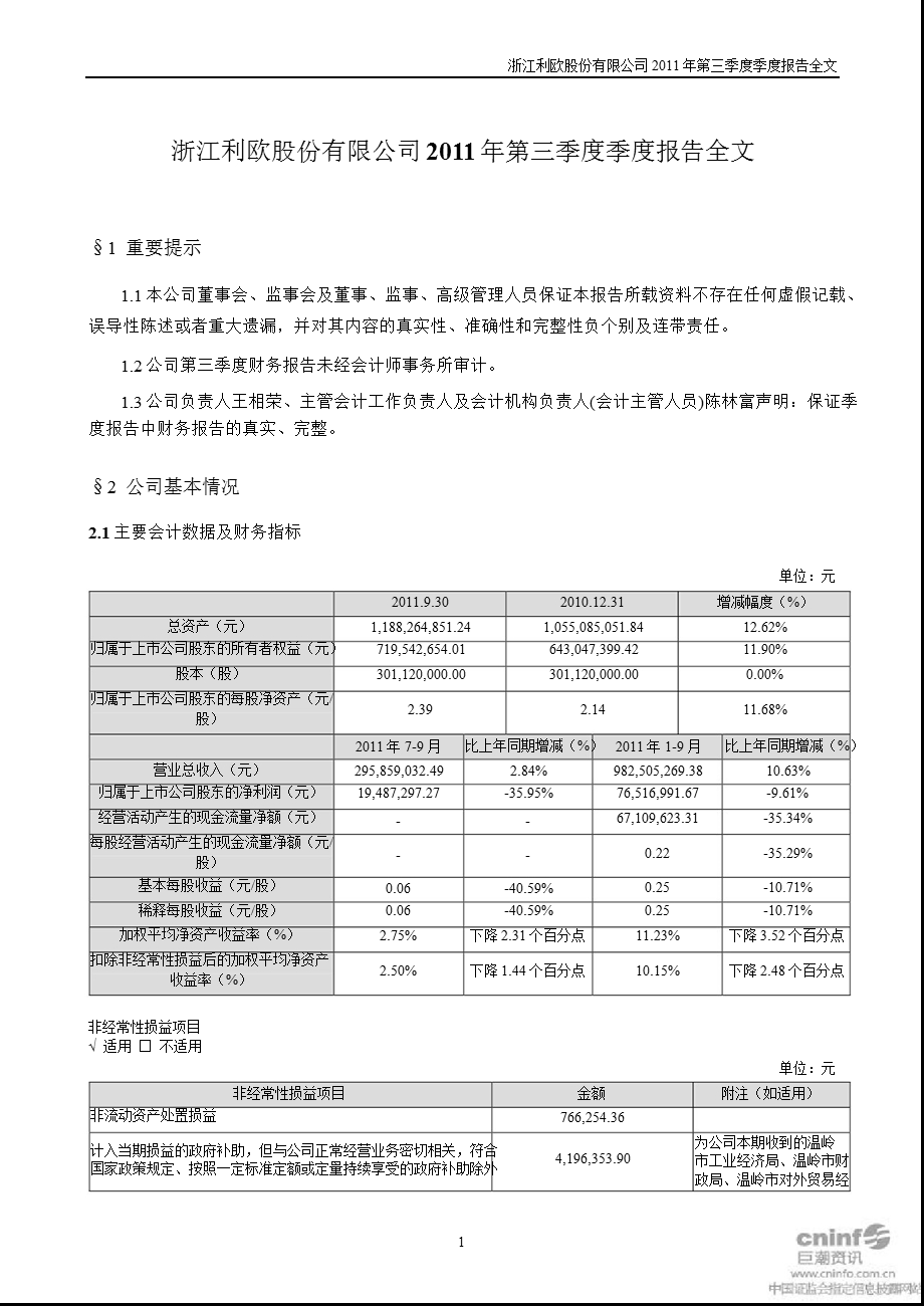 利欧股份：2011年第三季度报告全文.ppt_第1页