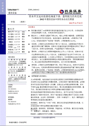 2012年通信设备三季报财务总结及展望：资本开支延后致营收增速下滑_盈利能力仍未见底-2012-11-06.ppt